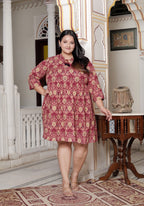 Plus Size Printed Women Maroon Tunic Dress-130024