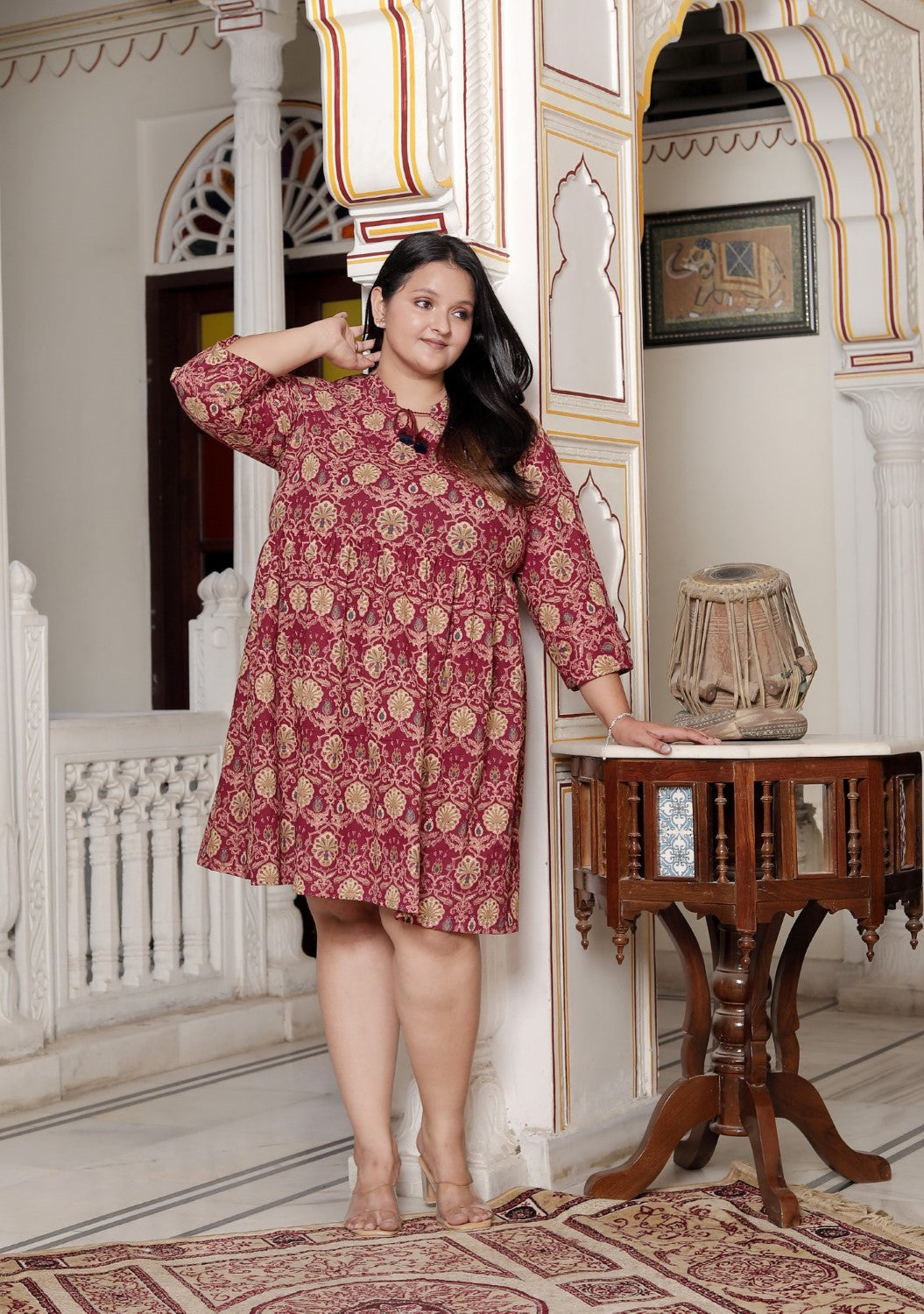 Plus Size Printed Women Maroon Tunic Dress-130024
