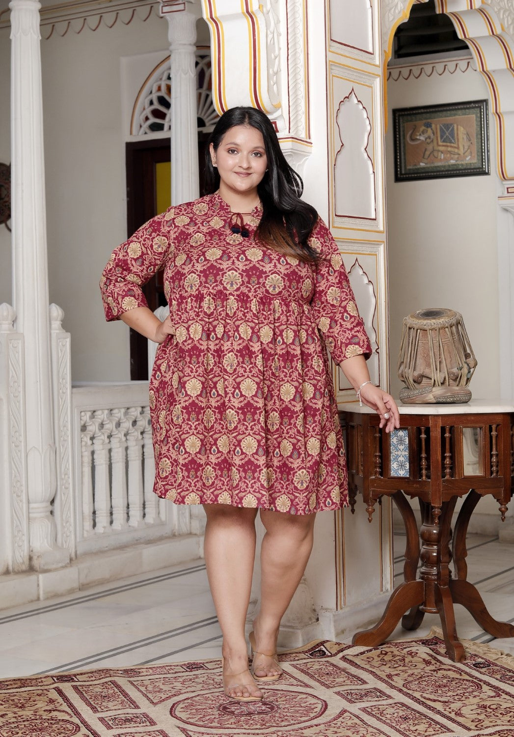 Plus Size Printed Women Maroon Tunic Dress-130024 Main image