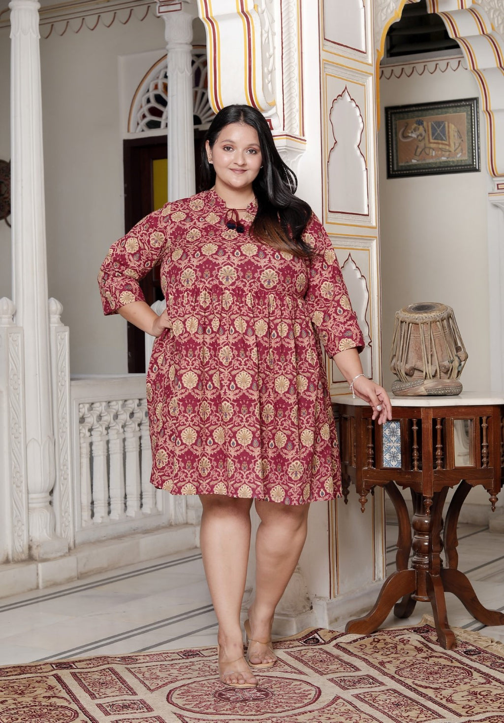 Plus Size Printed Women Maroon Tunic Dress-130024