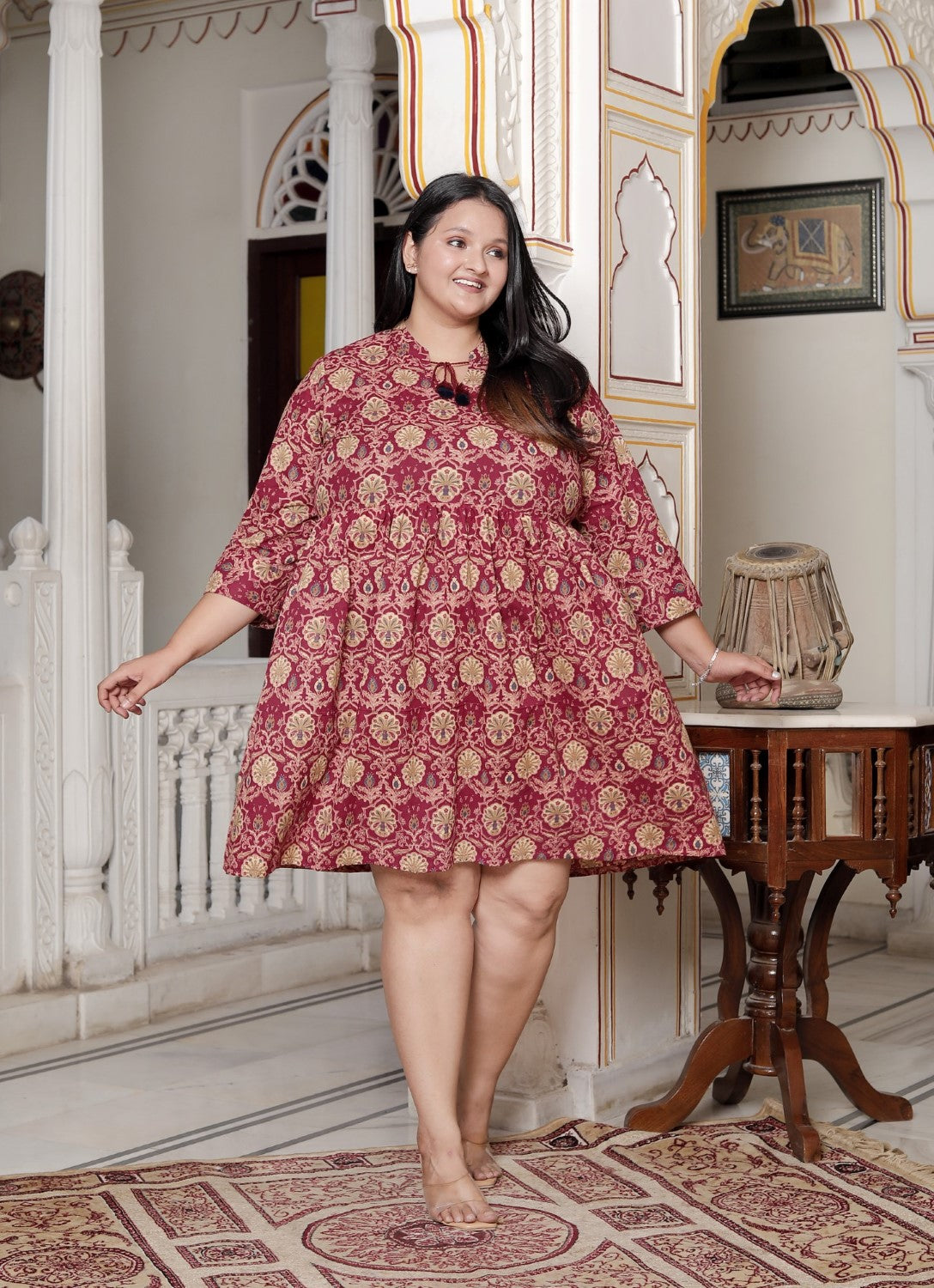 Plus Size Printed Women Maroon Tunic Dress-130024