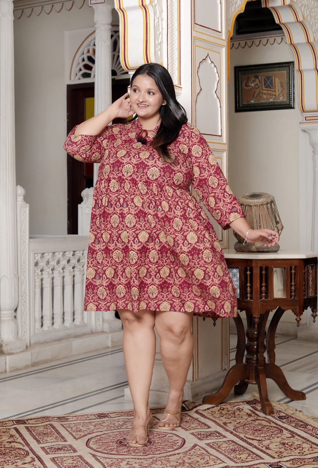 Plus Size Printed Women Maroon Tunic Dress-130024