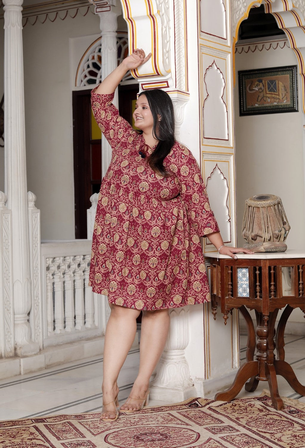 Plus Size Printed Women Maroon Tunic Dress-130024