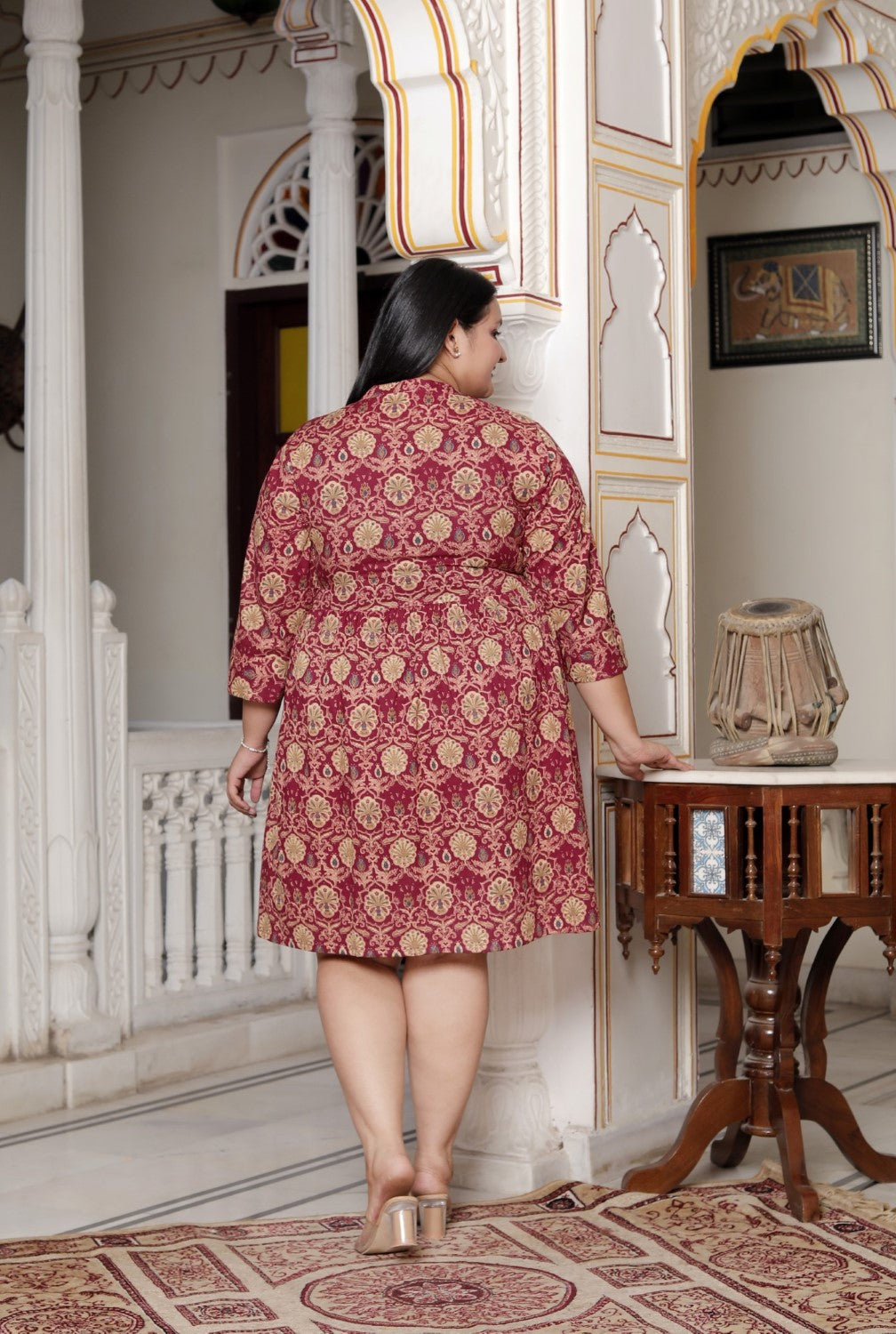 Plus Size Printed Women Maroon Tunic Dress-130024
