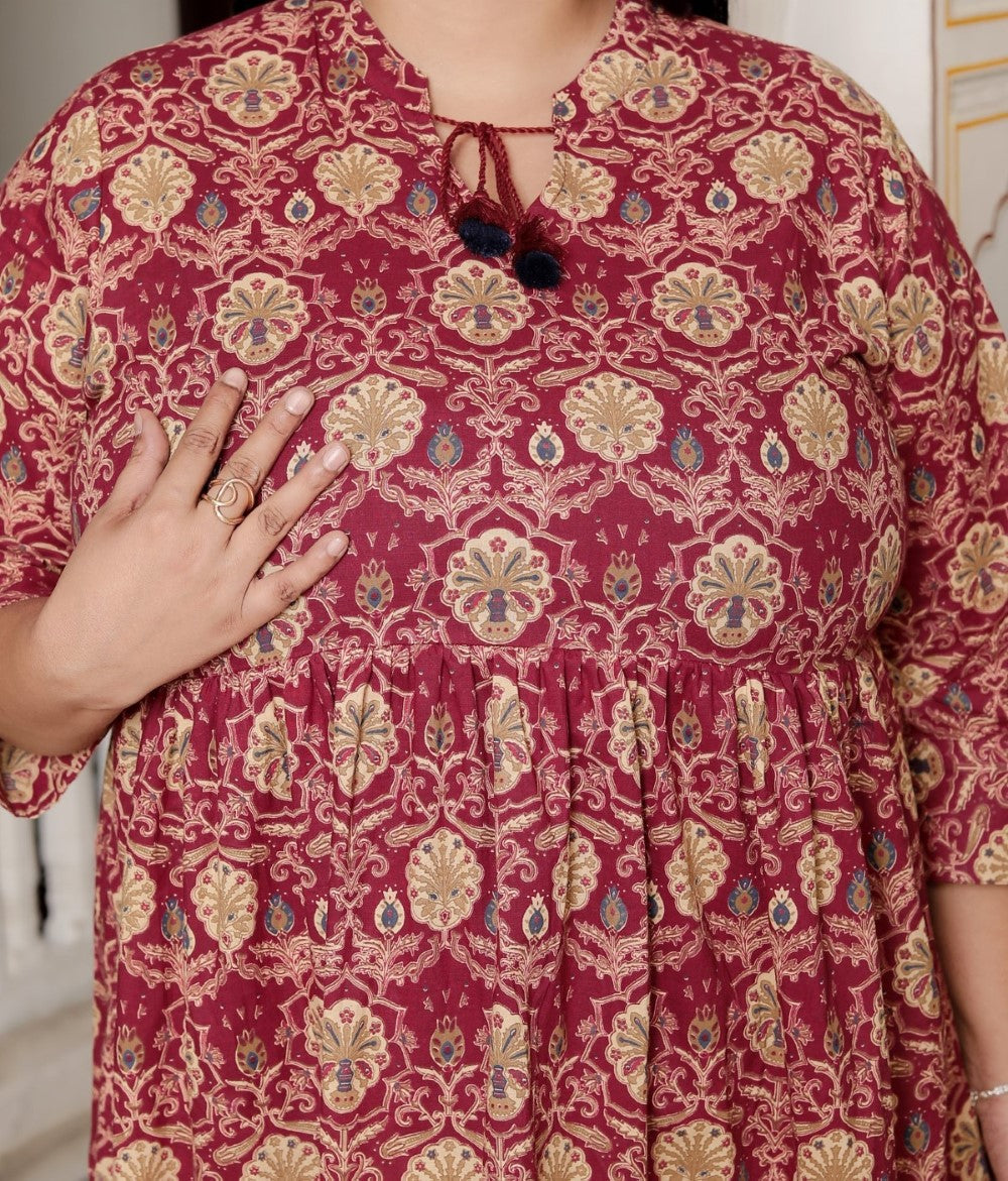 Plus Size Printed Women Maroon Tunic Dress-130024