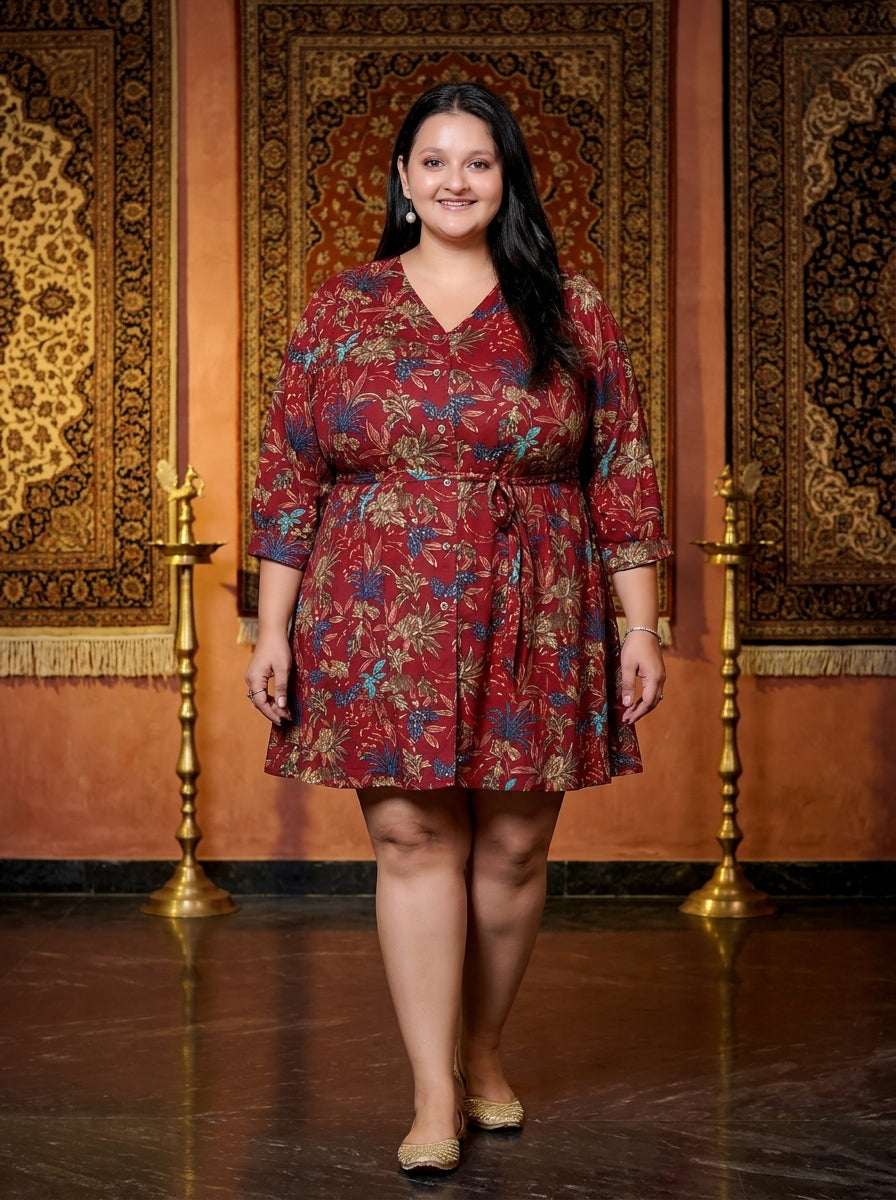 Rayon Printed Maroon Tunic Dress Plus Size-130026