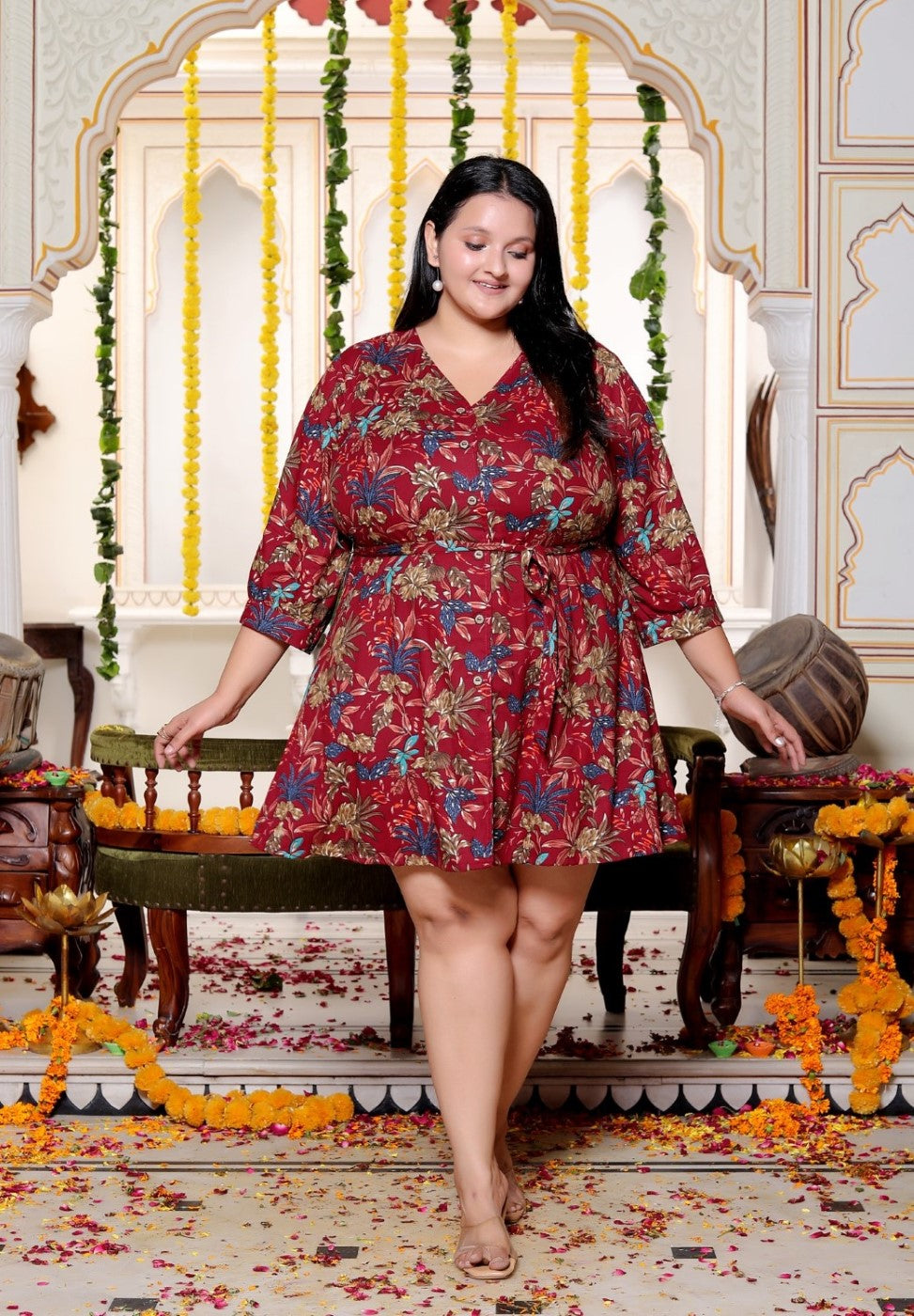 Plus Size Printed Women Maroon Tunic Dress-130026