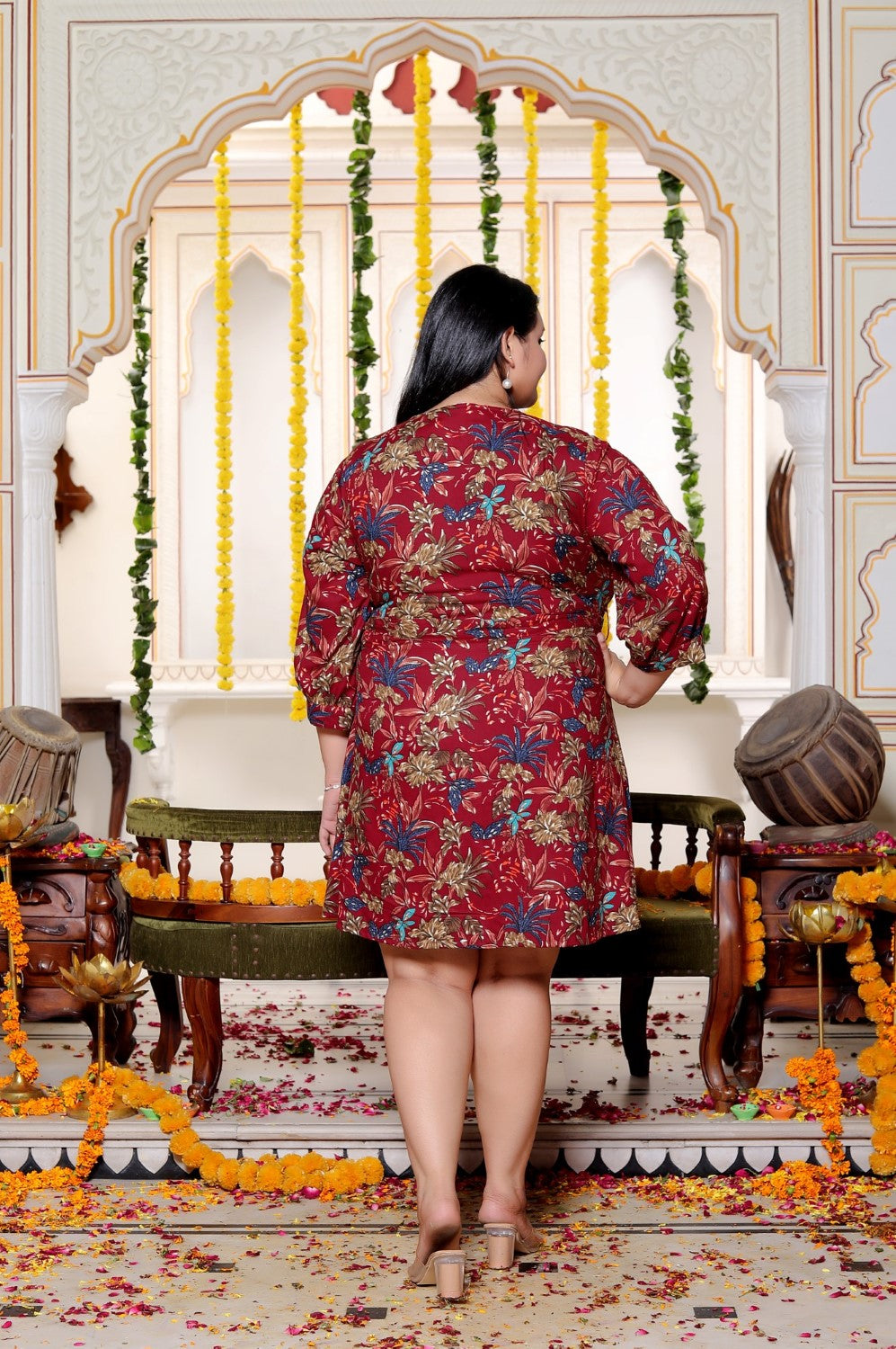 Plus Size Printed Women Maroon Tunic Dress-130026