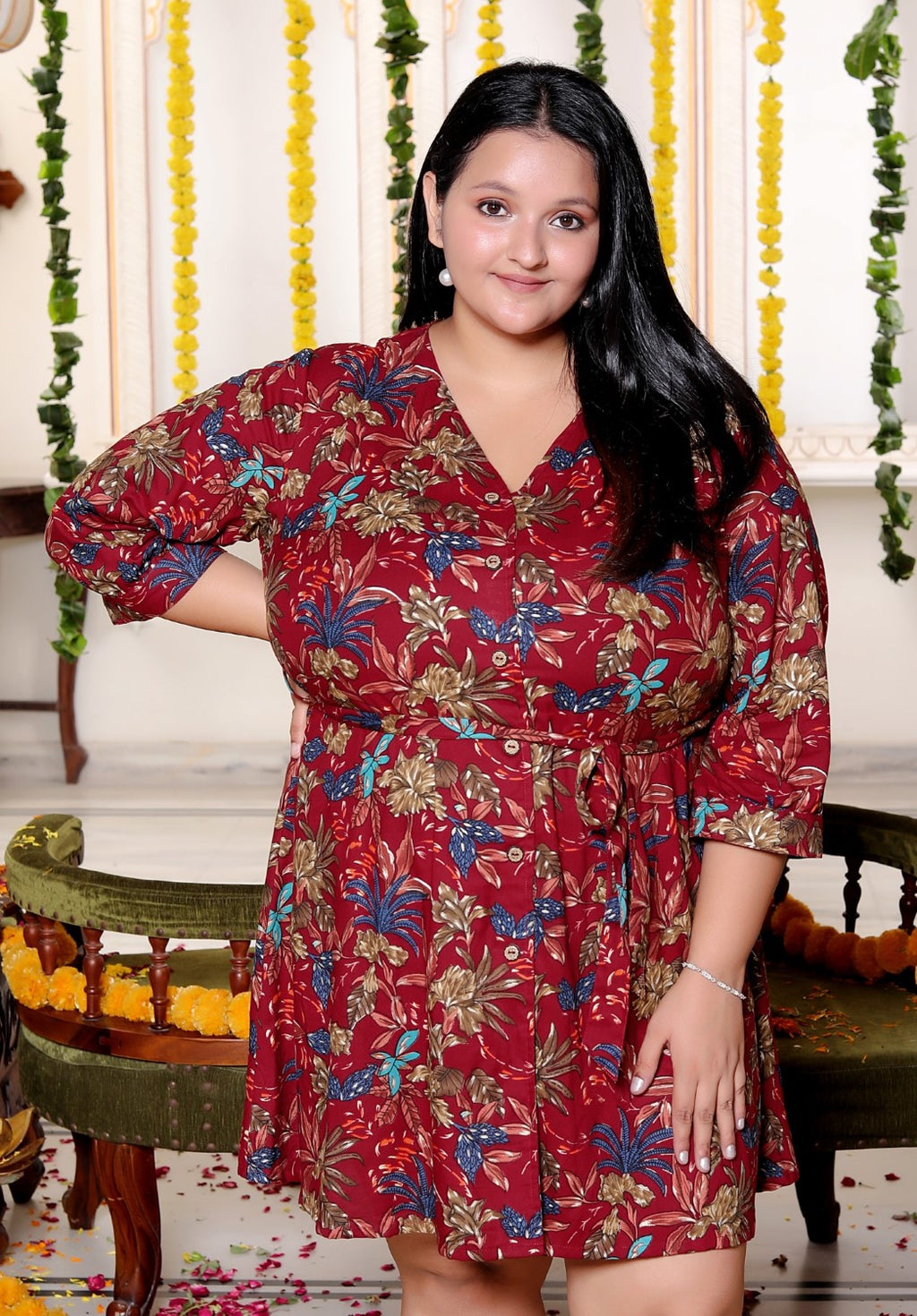 Plus Size Printed Women Maroon Tunic Dress-130026