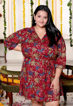 Plus Size Printed Women Maroon Tunic Dress-130026