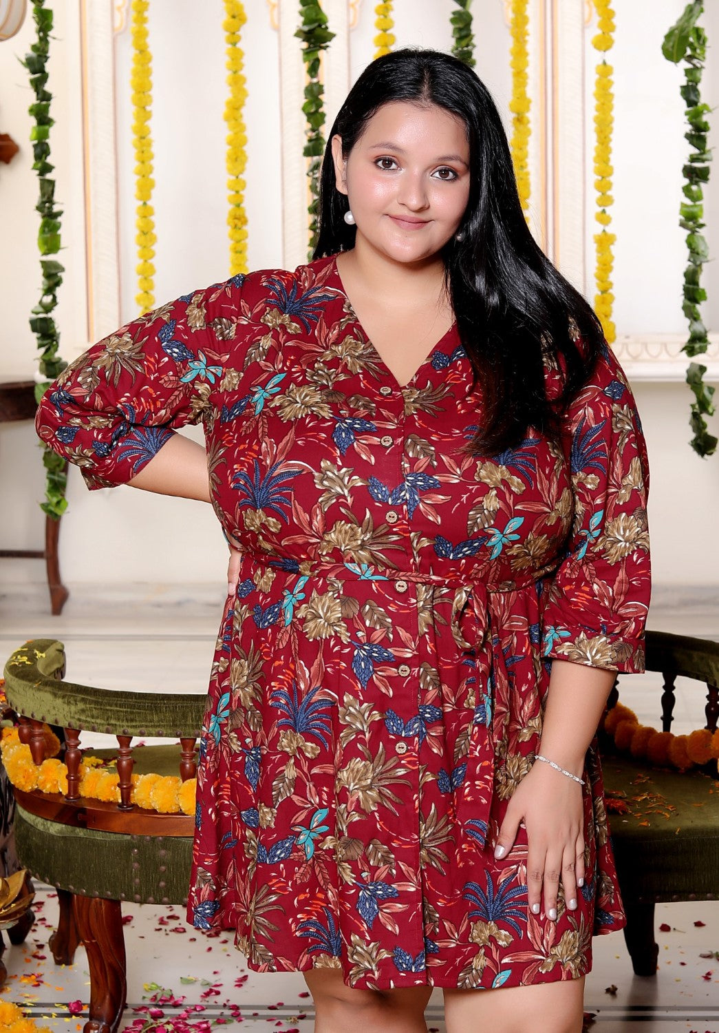Plus Size Printed Women Maroon Tunic Dress-130026