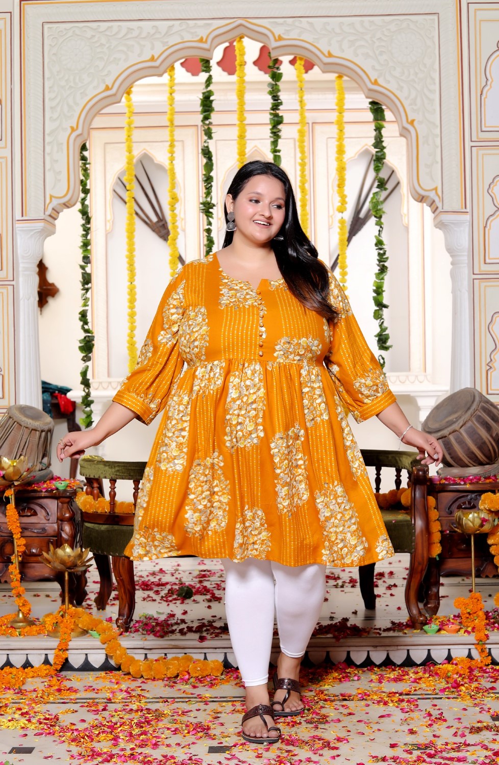 Plus Size Printed Women Mustard Tunic Dress-130027 Main image