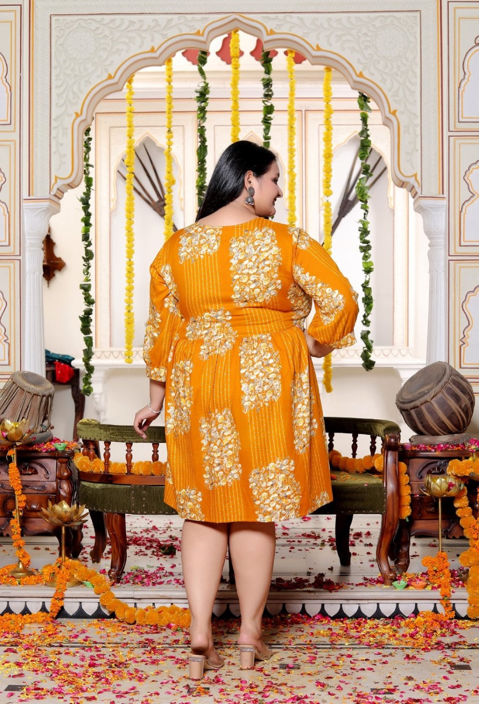 Plus Size Printed Women Mustard Tunic Dress-130027