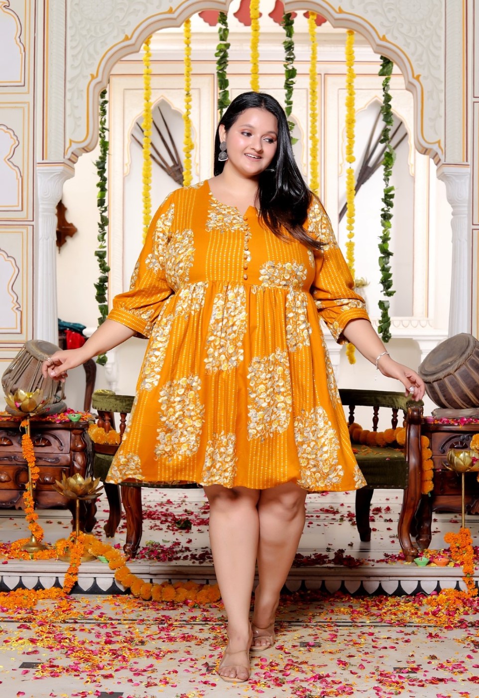 Plus Size Printed Women Mustard Tunic Dress-130027