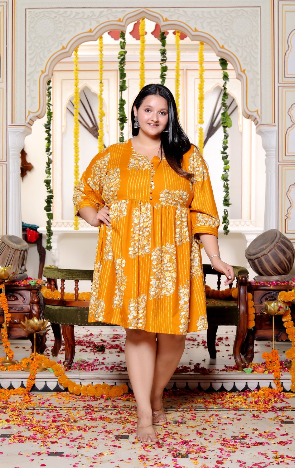 Plus Size Printed Women Mustard Tunic Dress-130027
