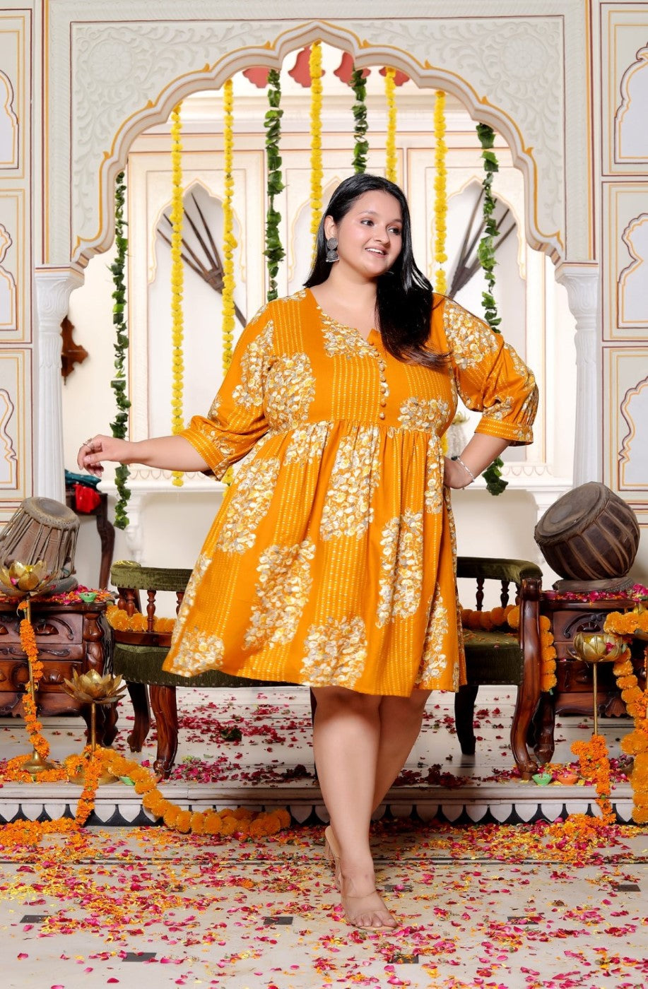 Plus Size Printed Women Mustard Tunic Dress-130027