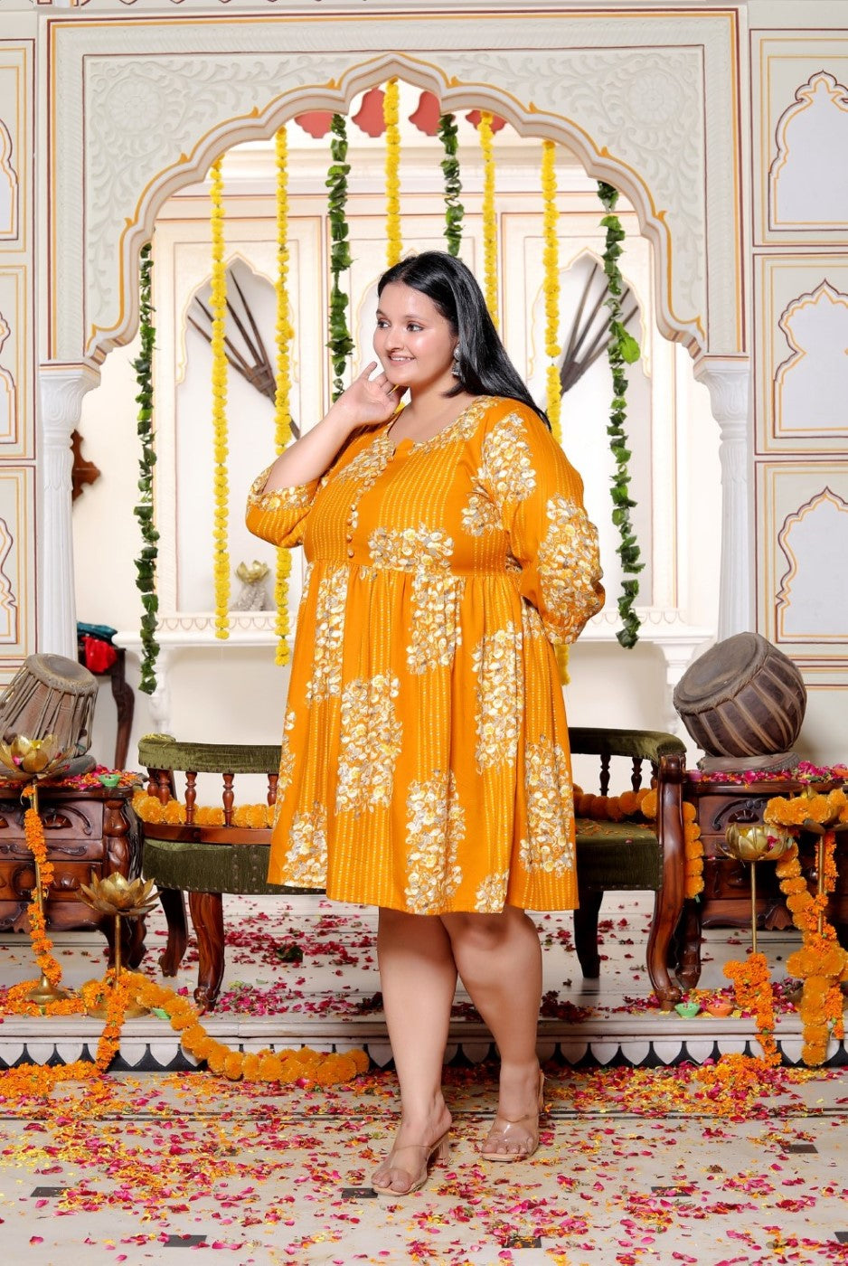 Plus Size Printed Women Mustard Tunic Dress-130027