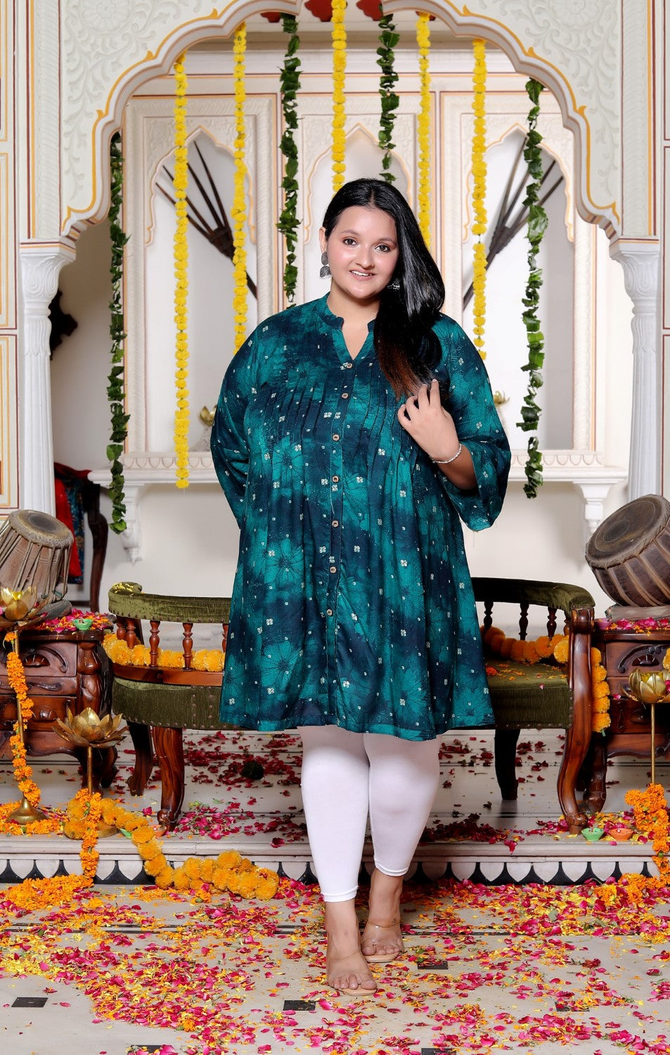 Plus Size Printed Women Teal Blue Tunic Dress-130028