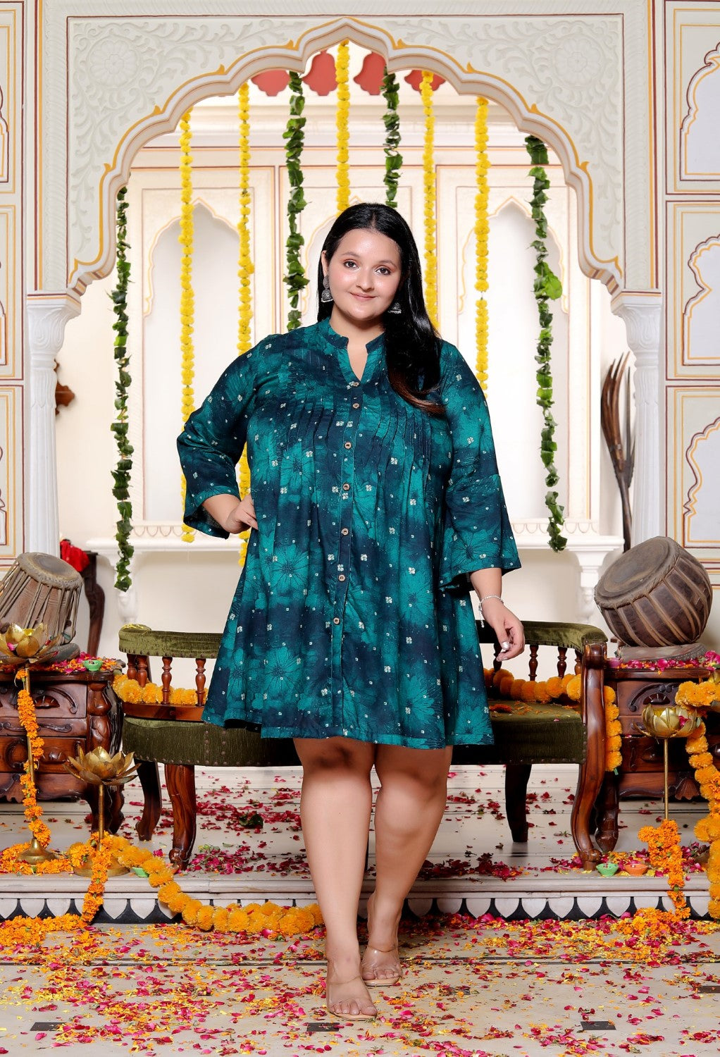 Plus Size Printed Women Teal Blue Tunic Dress-130028 Main image