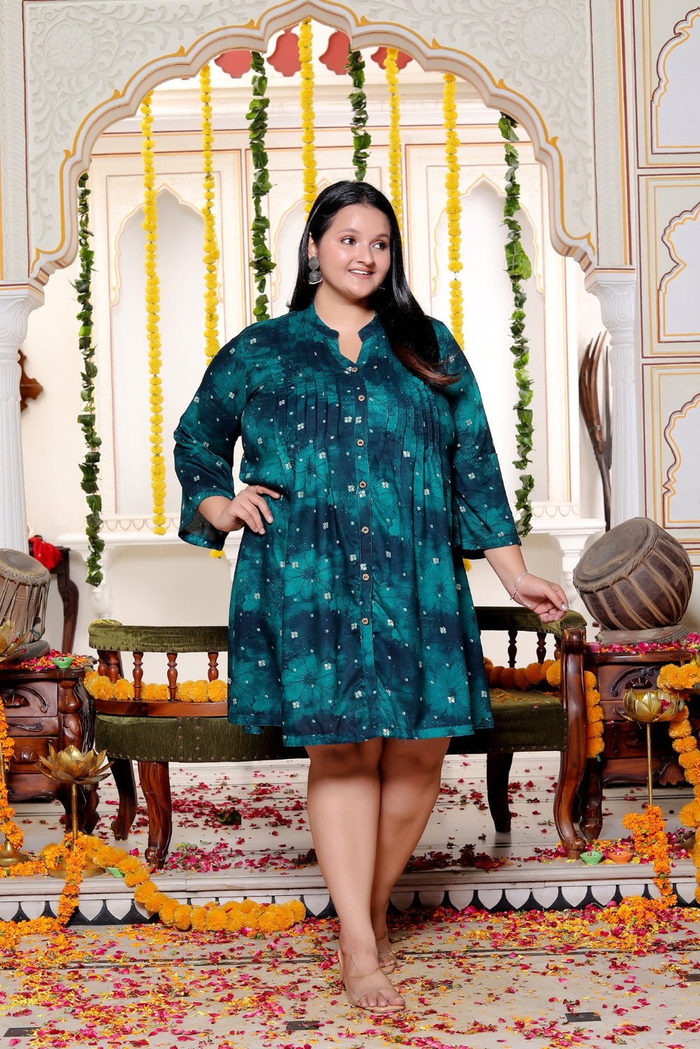 Plus Size Printed Women Teal Blue Tunic Dress-130028