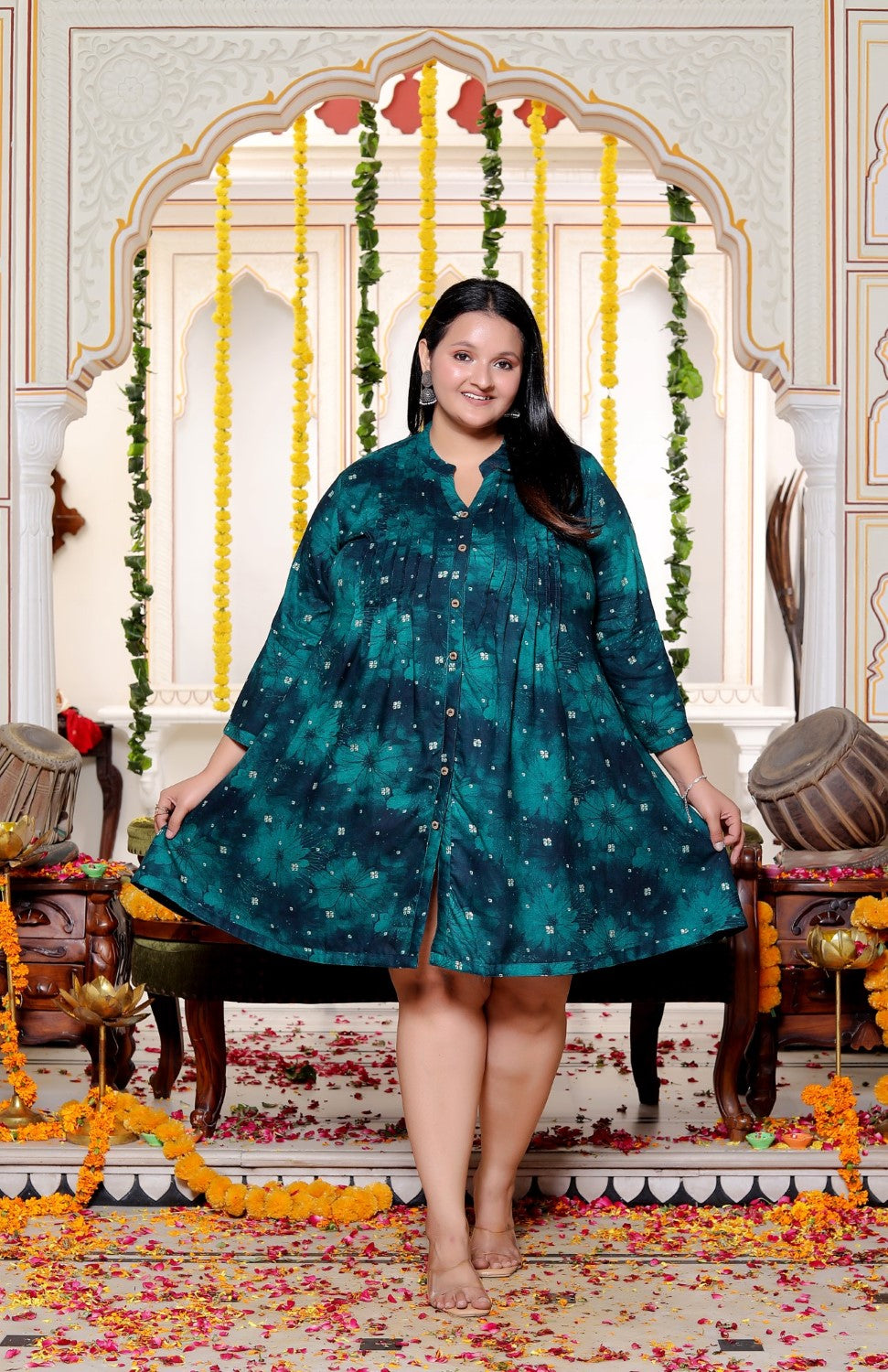 Plus Size Printed Women Teal Blue Tunic Dress-130028