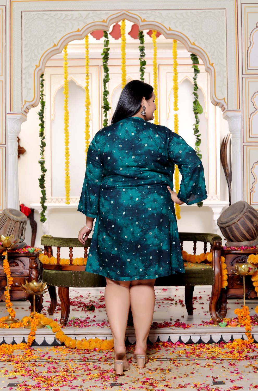 Plus Size Printed Women Teal Blue Tunic Dress-130028