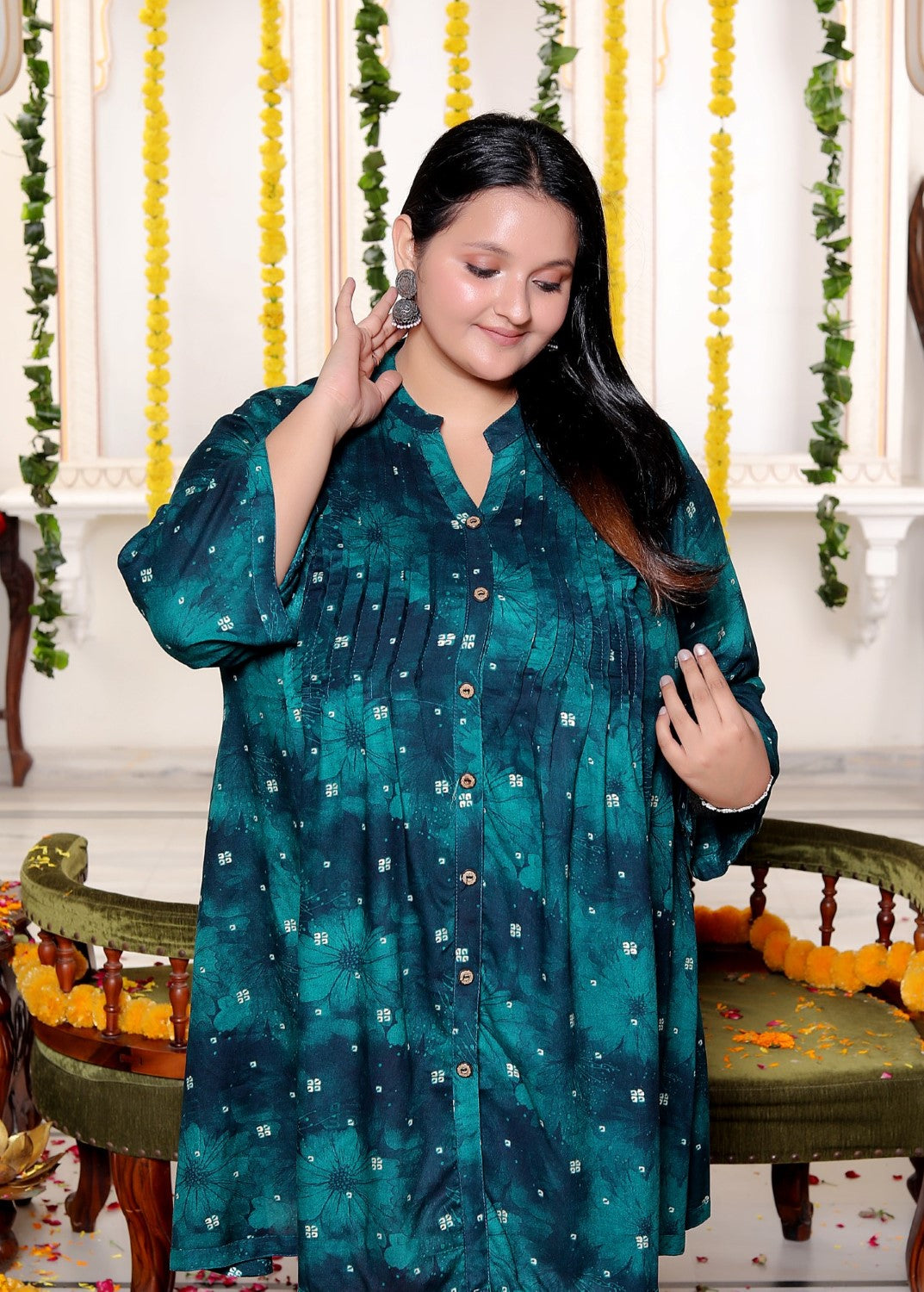 Plus Size Printed Women Teal Blue Tunic Dress-130028