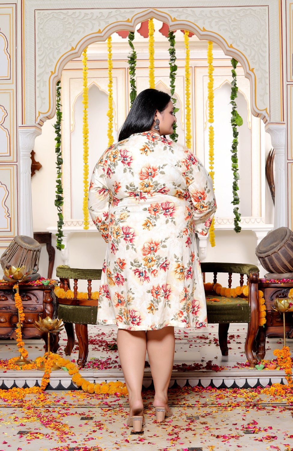 Plus Size Printed Women Off White Tunic Dress-130029