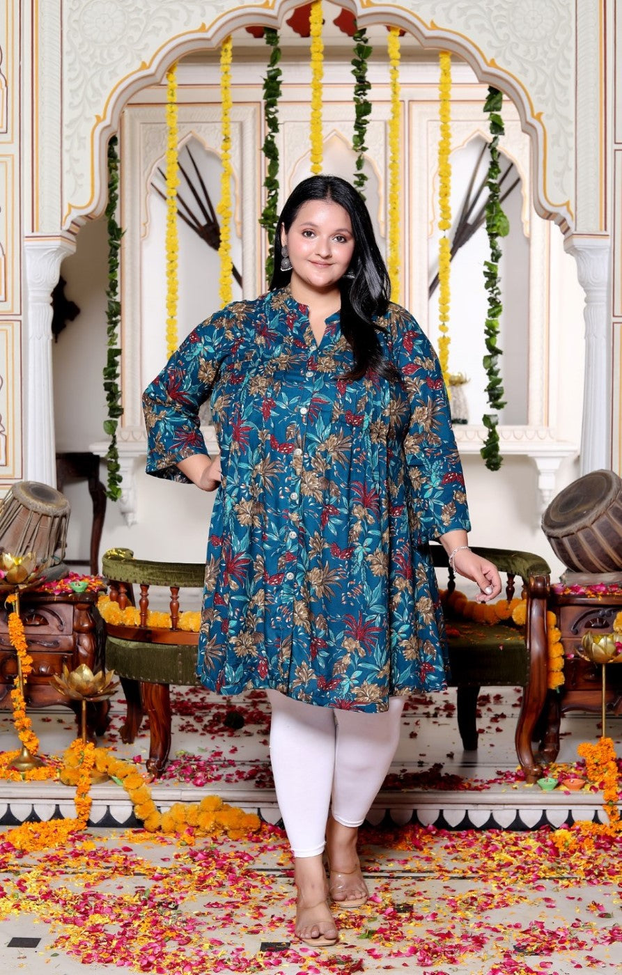 Plus Size Printed Women Teal Blue Tunic Dress-130030