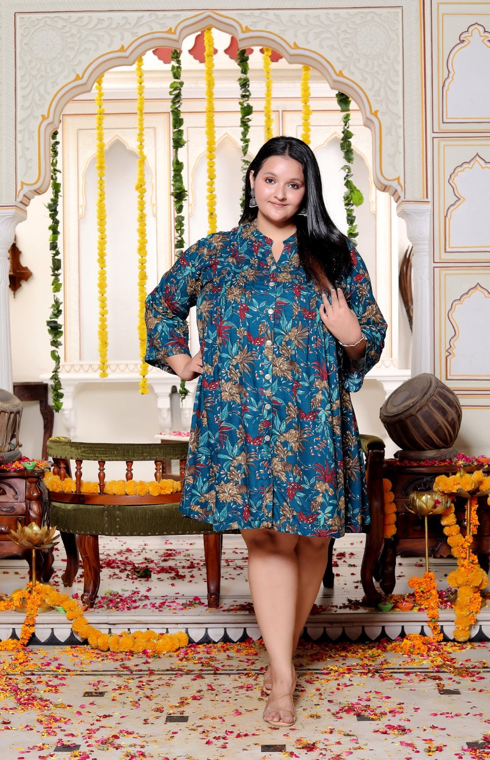 Plus Size Printed Women Teal Blue Tunic Dress-130030 Secondary image