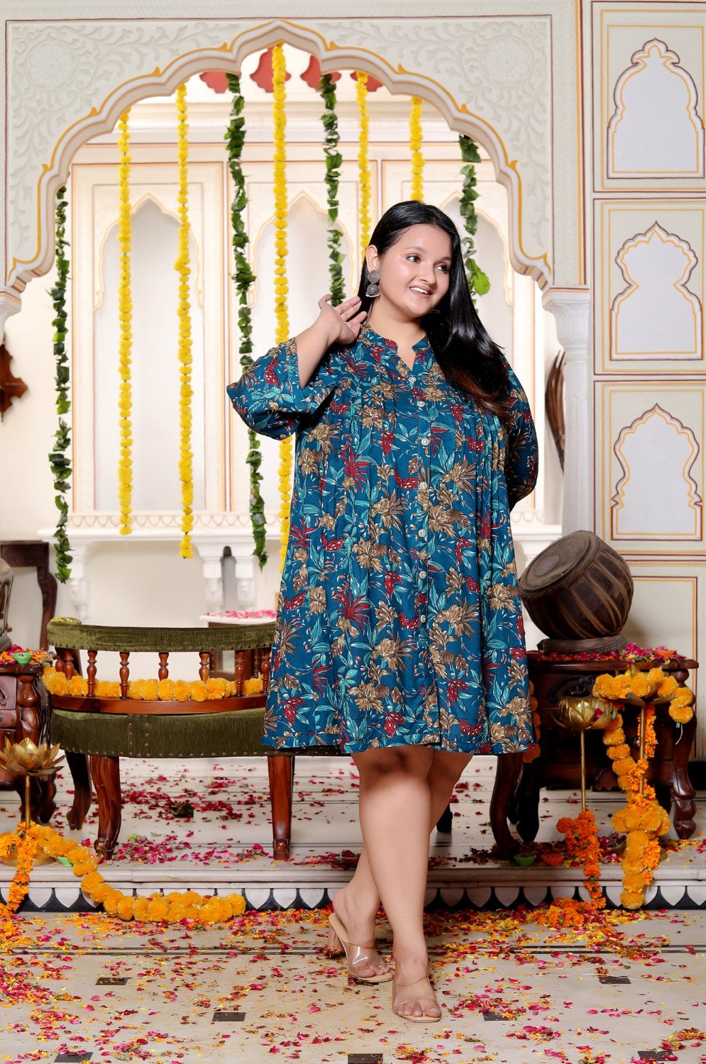 Plus Size Printed Women Teal Blue Tunic Dress-130030