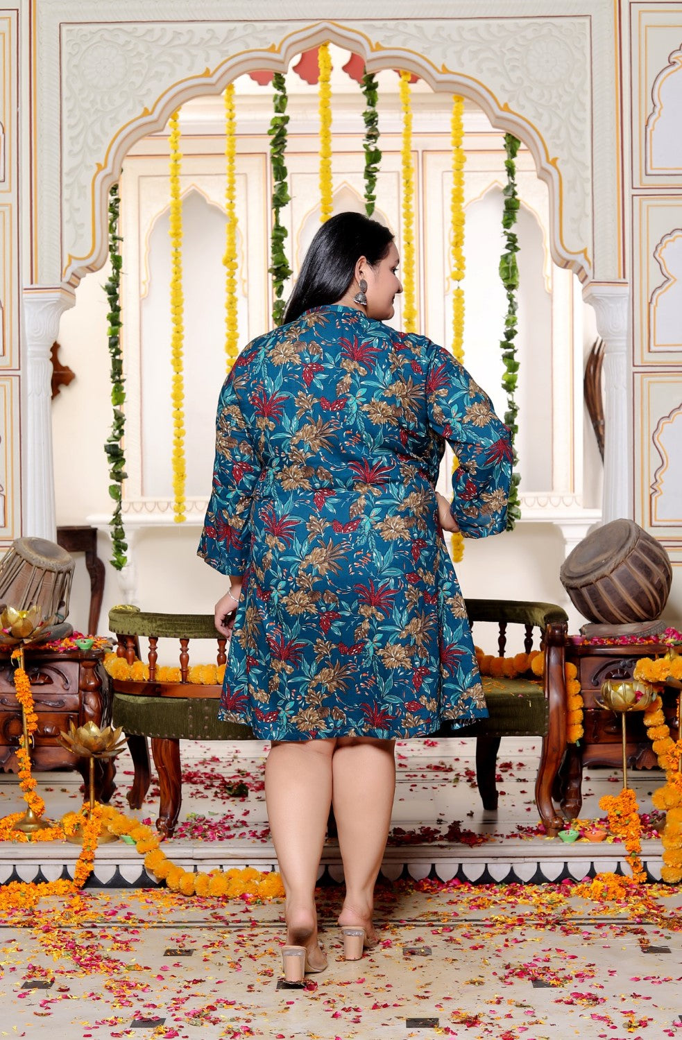 Plus Size Printed Women Teal Blue Tunic Dress-130030