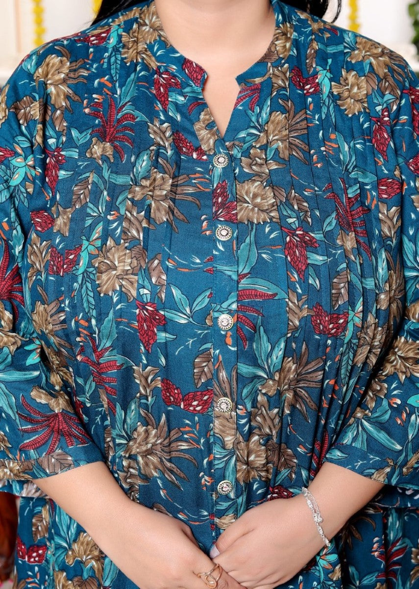 Plus Size Printed Women Teal Blue Tunic Dress-130030