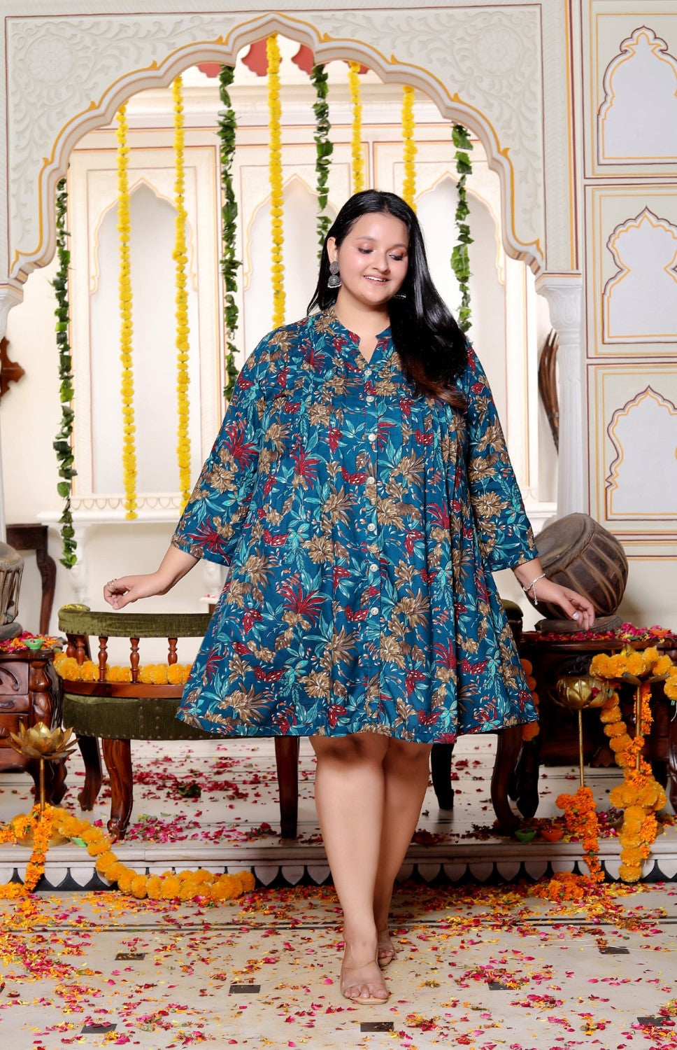 Plus Size Printed Women Teal Blue Tunic Dress-130030