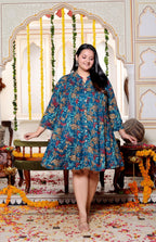 Plus Size Printed Women Teal Blue Tunic Dress-130030