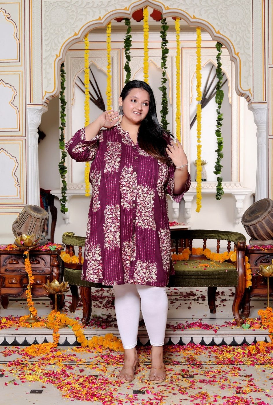 Plus Size Printed Women Purple Tunic Dress-130031