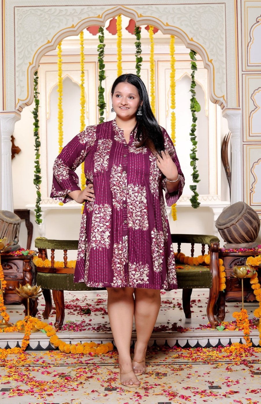 Plus Size Printed Women Purple Tunic Dress-130031 Main image
