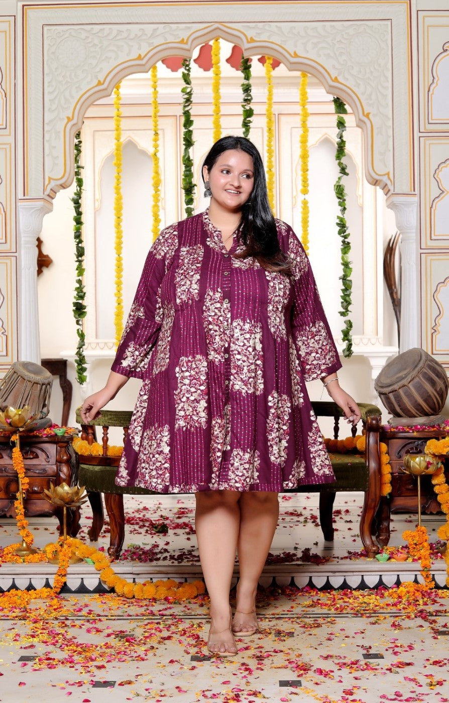 Plus Size Printed Women Purple Tunic Dress-130031