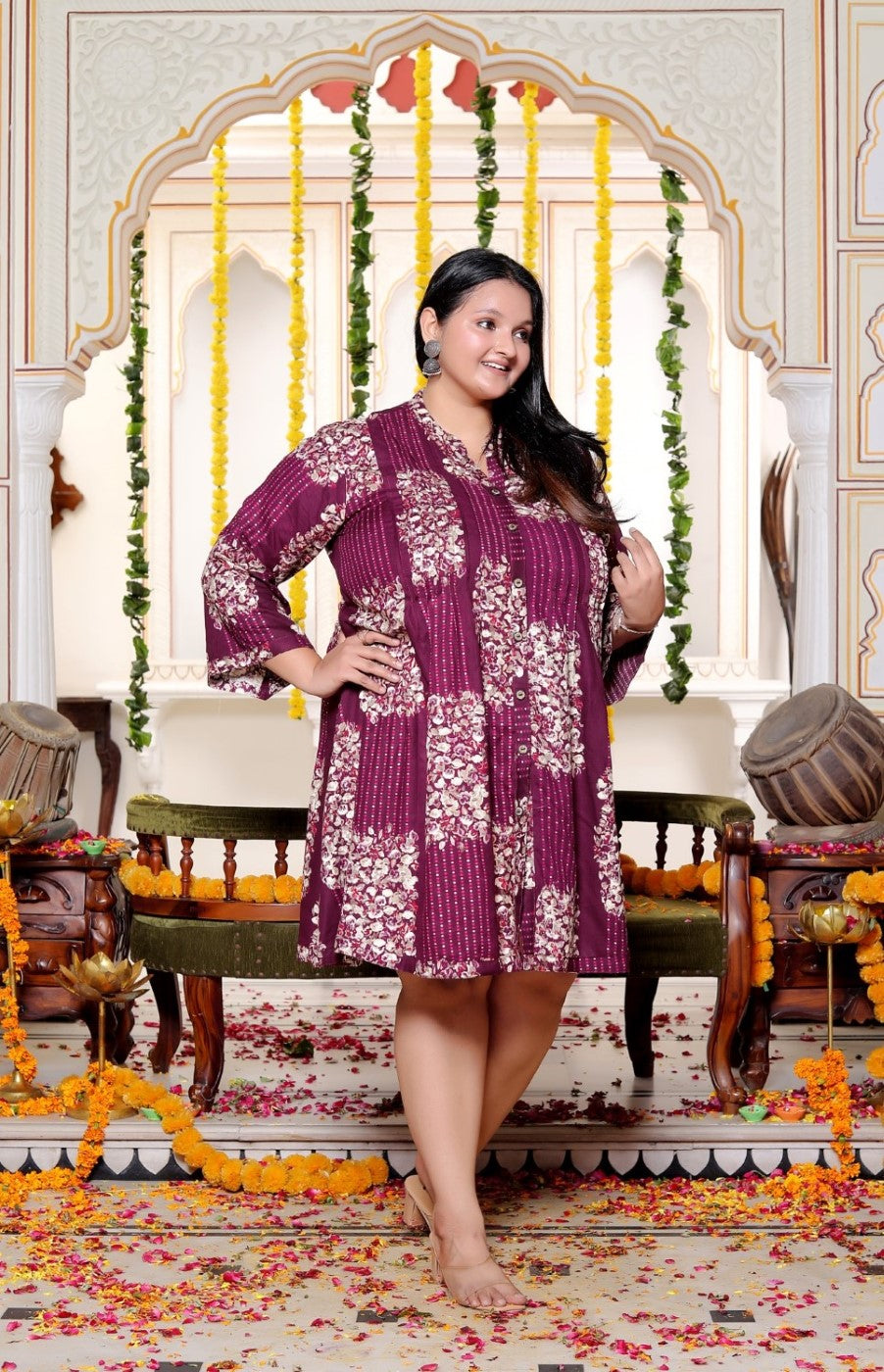 Plus Size Printed Women Purple Tunic Dress-130031