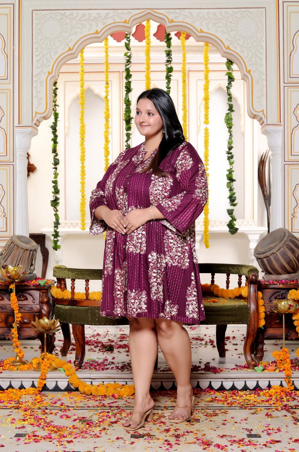 Plus Size Printed Women Purple Tunic Dress-130031