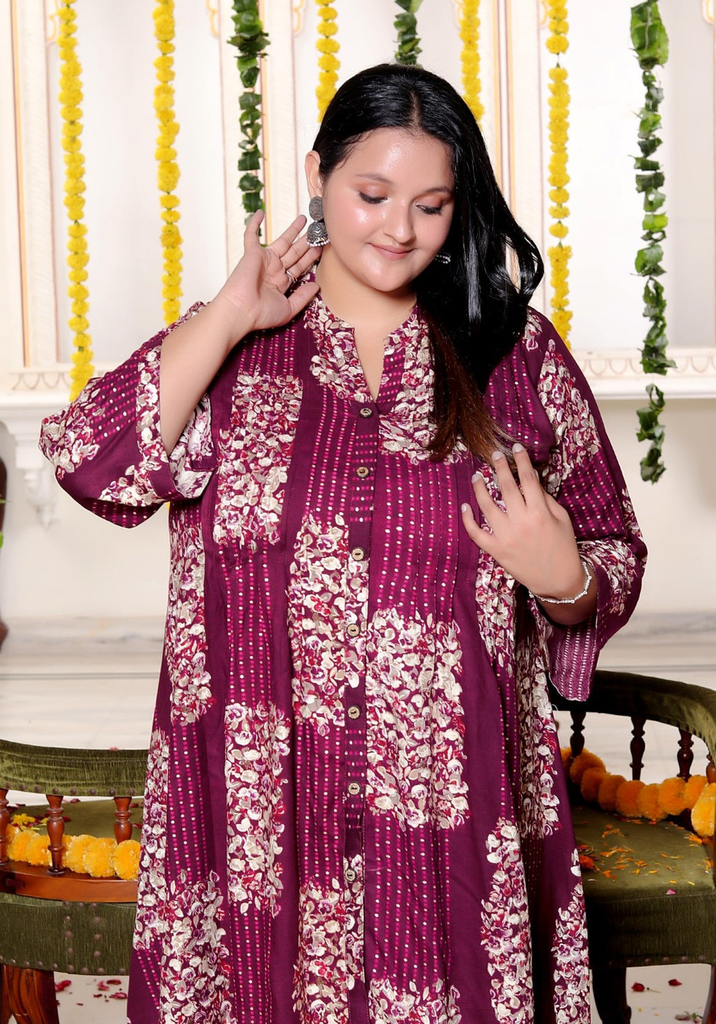 Plus Size Printed Women Purple Tunic Dress-130031