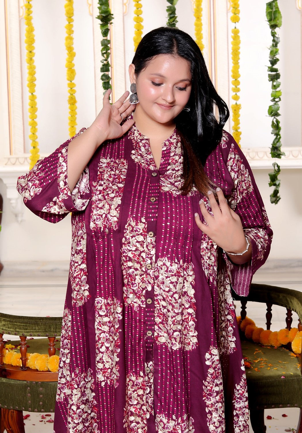 Plus Size Printed Women Purple Tunic Dress-130031