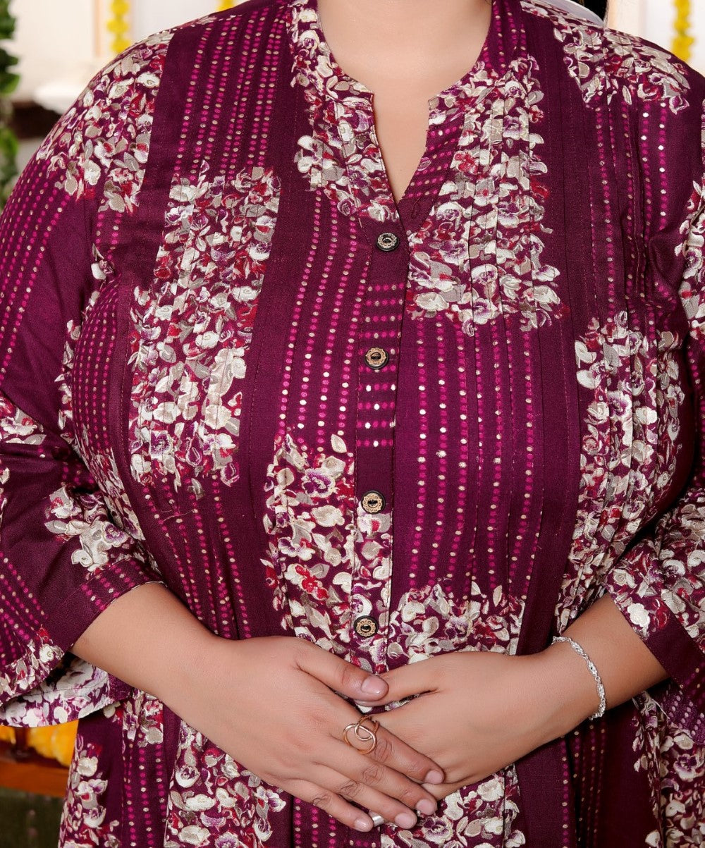 Plus Size Printed Women Purple Tunic Dress-130031