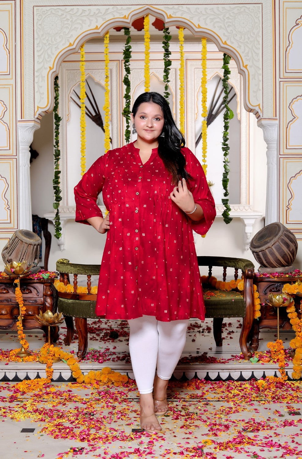 Plus Size Printed Women Red Tunic Dress-130032