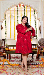 Plus Size Printed Women Red Tunic Dress-130032