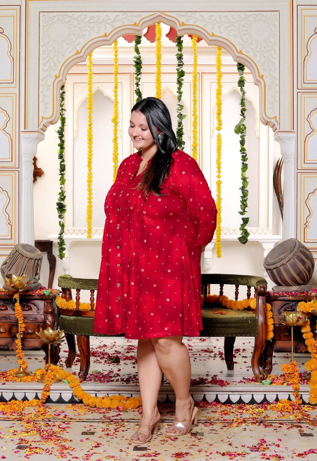 Plus Size Printed Women Red Tunic Dress-130032