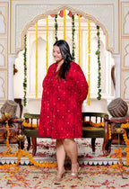 Plus Size Printed Women Red Tunic Dress-130032