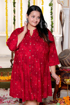 Plus Size Printed Women Red Tunic Dress-130032