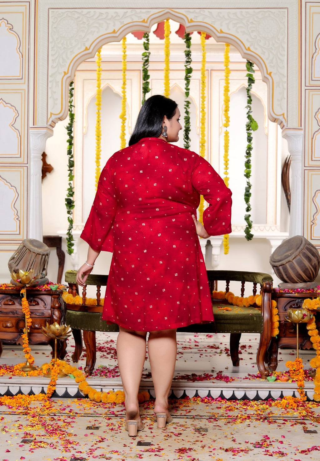 Plus Size Printed Women Red Tunic Dress-130032