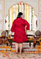 Plus Size Printed Women Red Tunic Dress-130032